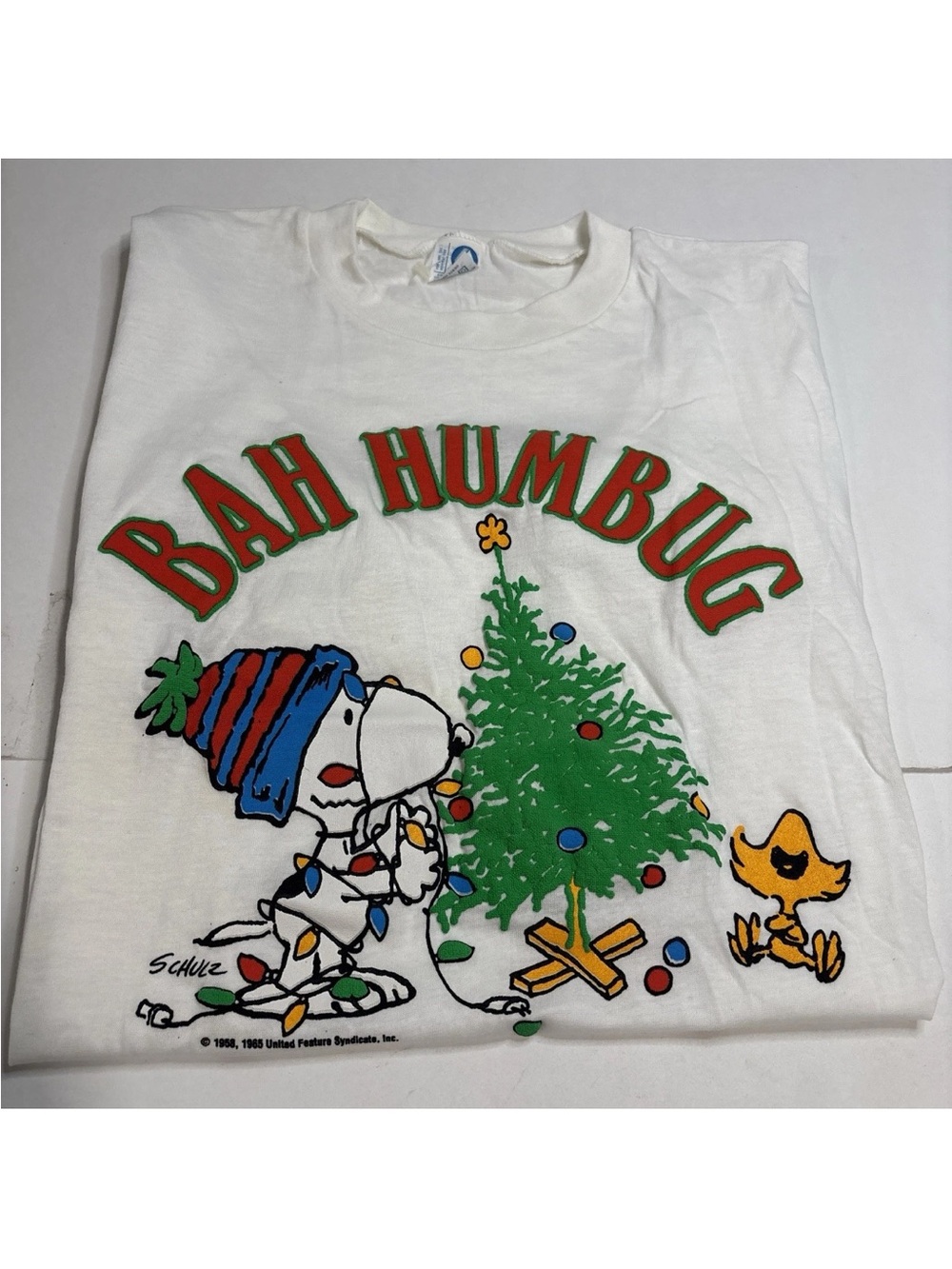 Vintage Snoopy Peanuts Bah Humbug White Mens Large T Shirt 80s Christmas